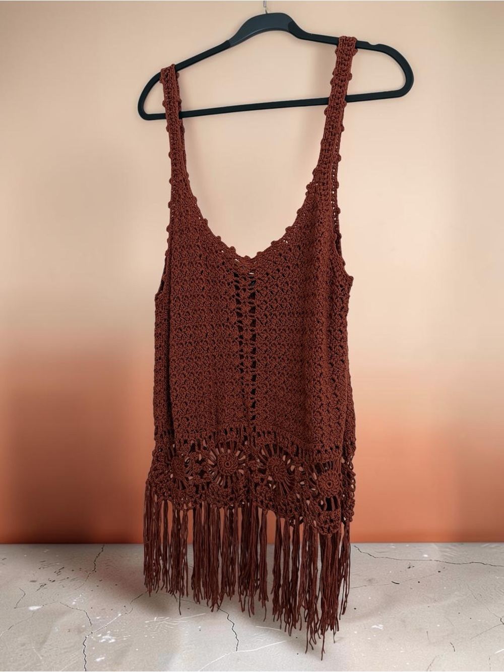 Daytrip Crochet Fringe Tank Top in Rust Brown